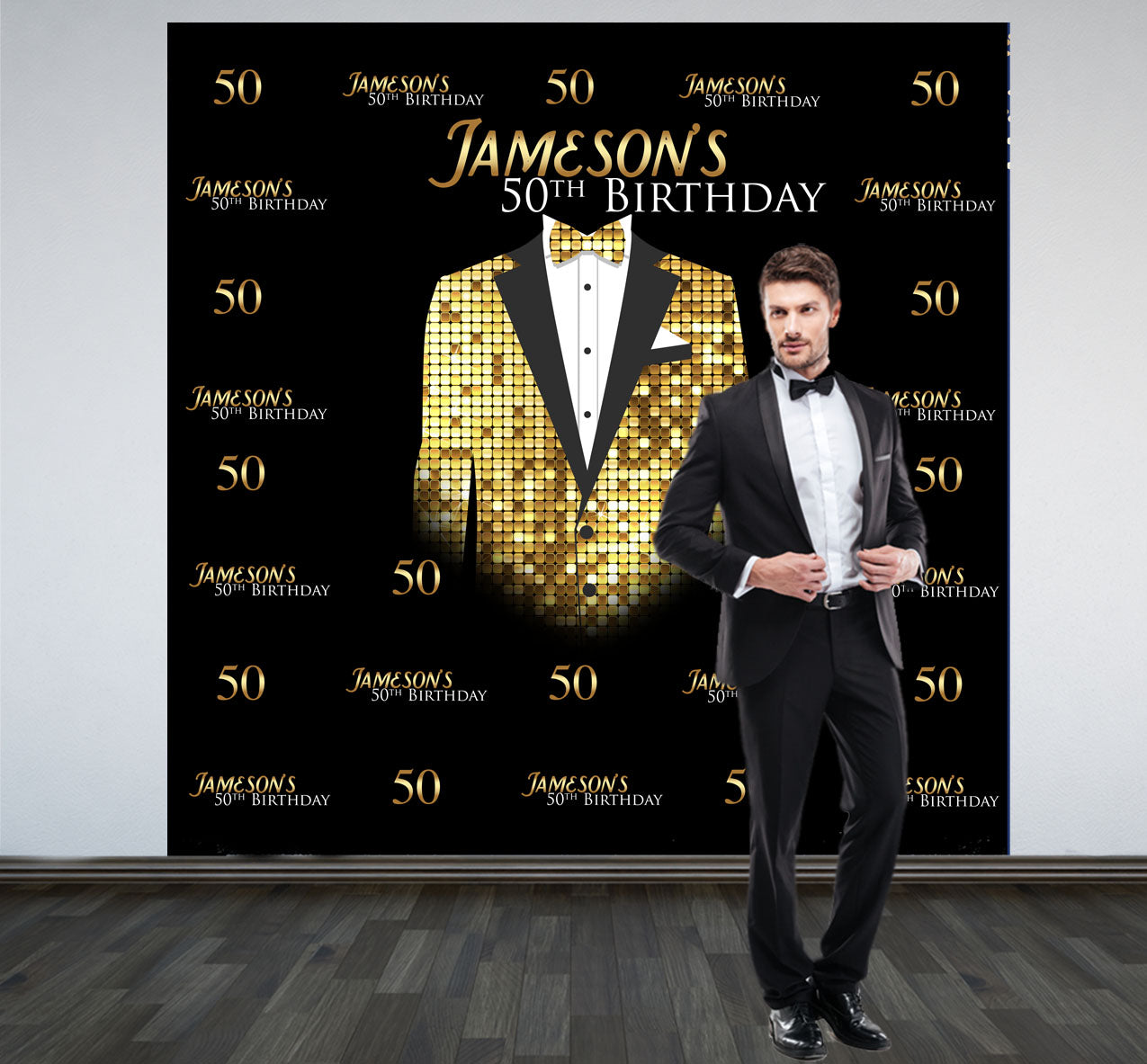 The Man Gold Tuxedo Birthday Photo Backdrop
