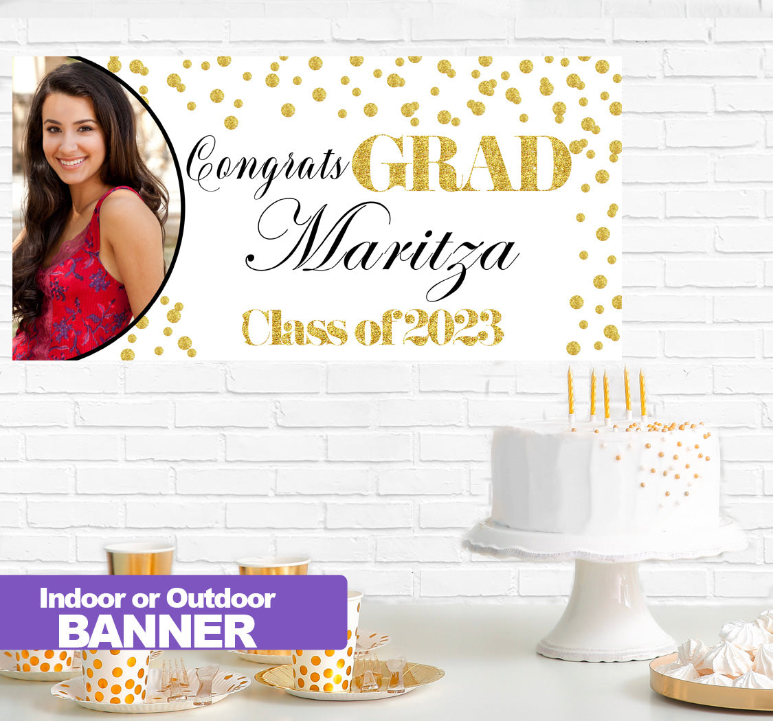 White and Gold Grad Banner Indoor or Outdoor