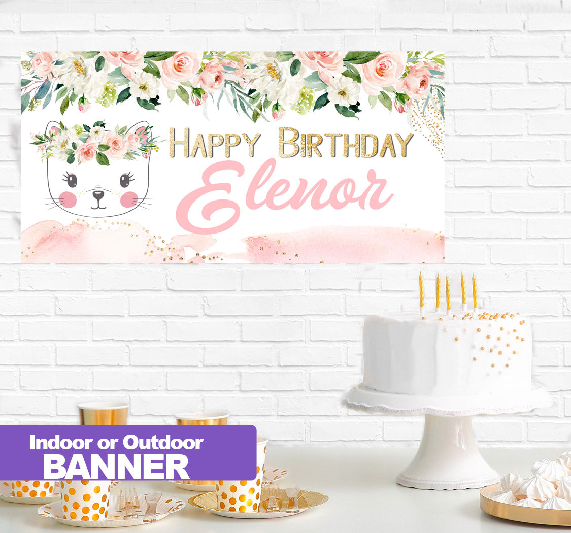 Sweet Kitty Themed Birthday Banner Indoor or Outdoor