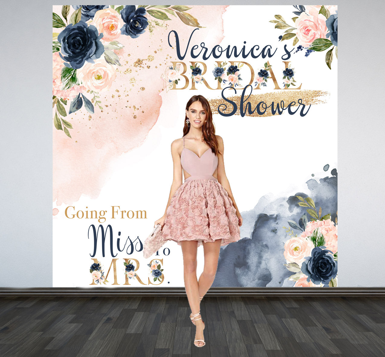 Ms. to Miss Navy Floral Photo Backdrop