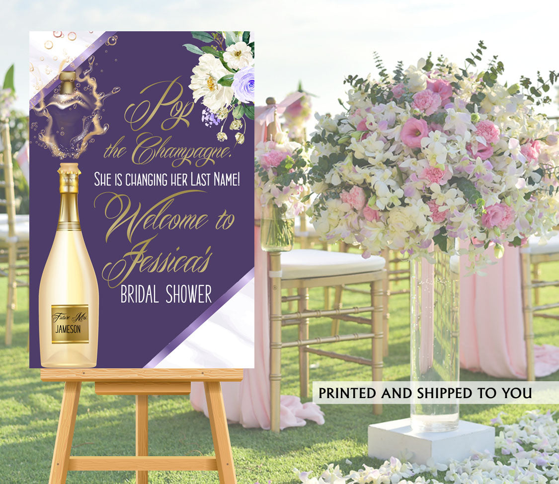Pop the Champagne Purple Bridal Shower Welcome Sign