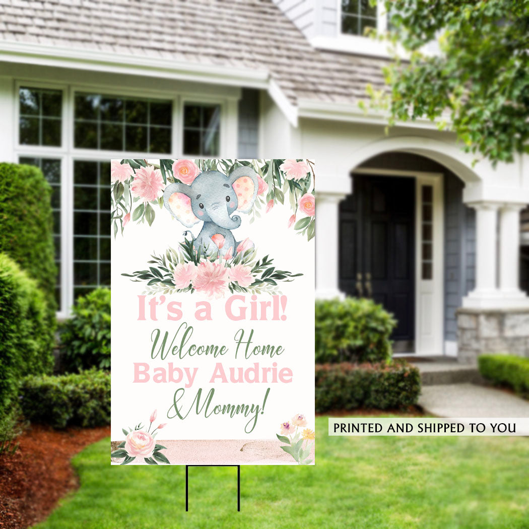 It's a Girl Floral Elephant Welcome Home Yard Sign