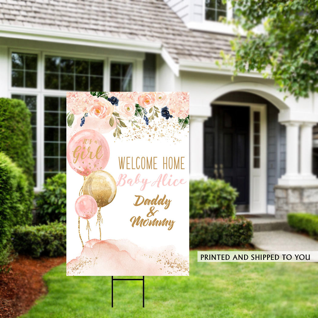 Baby Girl Balloons Welcome Home Yard Sign